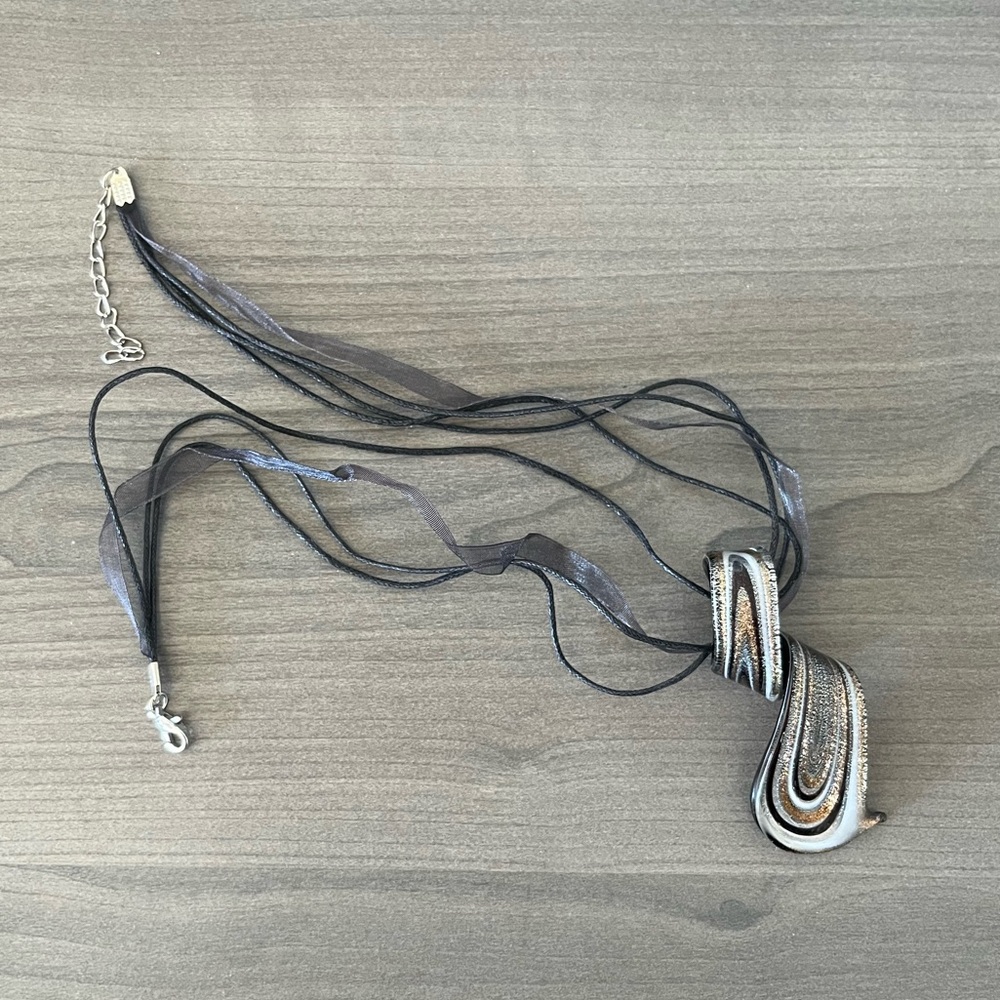 Black, Gold, and Silver Blown Glass Pendant Adjustable Length Statement Necklace